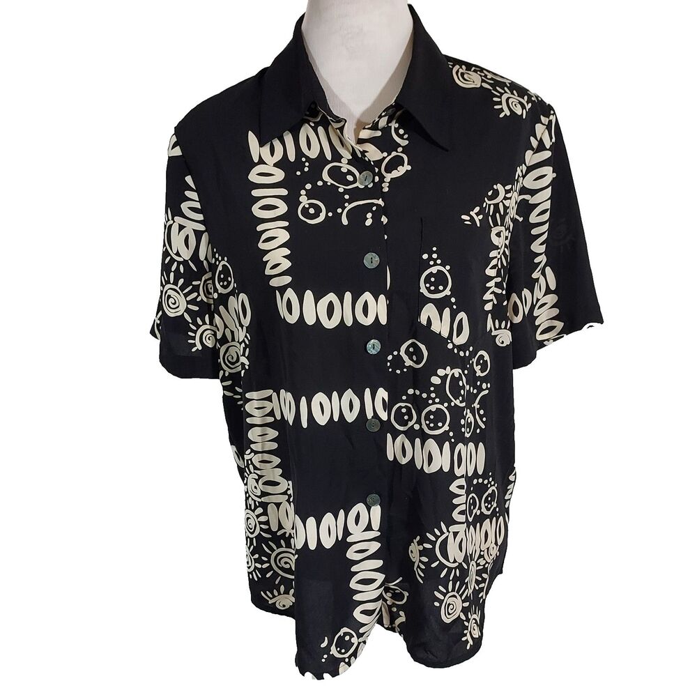 Kathy Che Button Up Shirt Top Size 14 Black White Short Sleeve Lightweight